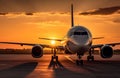 Airplane at sunset horizon. Generate Ai Royalty Free Stock Photo