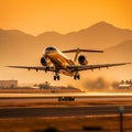 airplane at sunset a private jet gracefully touching down on the landing strip, Generative AI Royalty Free Stock Photo