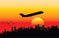 Airplane on sunset sky Royalty Free Stock Photo