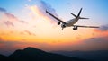 Airplane in the sunset sky flight travel transport airline background concept Royalty Free Stock Photo