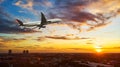 Airplane in the sunset sky flight travel transport airline background concept. Royalty Free Stock Photo