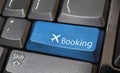 Airplane symbol button on computer keyboard, Online booking or purchase of plane ticket, Business travel concept. Royalty Free Stock Photo