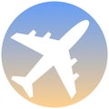 Airplane symbol of a set. White airplane icon, on gradient button. Use for banner, card, poster, brochure, banner, app, web design Royalty Free Stock Photo