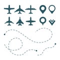 Airplane symbols. avia transport pictograms. route shape traces map points vector aircraft silhouette