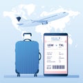 Airplane take off,Big suitcase and smartphone with online check-in,Airline boarding pass ticket Royalty Free Stock Photo