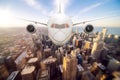 Airplane take off and fly over chicago city sky Royalty Free Stock Photo