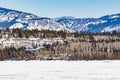 Airplane take-off on frozen Lake Laberge YT Canada Royalty Free Stock Photo