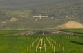 Airplane takeoff o the runway with green grass Royalty Free Stock Photo