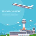 Airplane takeoff on runway in international airport. Tourism and air travel vector concept Royalty Free Stock Photo