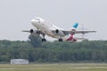 Airplane Takes off from Dusseldorf Airport Royalty Free Stock Photo