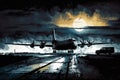 Airplane takes off at night on runway drawing with bit of watercolour