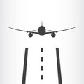 Airplane takes off from a runway icon isolated on white background. Plane is landing away from airport. Vector illustration.