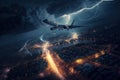 Airplane takes of during thunderstorm, lightning strikes to passenger plane, generative AI