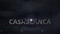 CASABLANCA text and commercial plane taking off from the airport runway at night, 3d rendering