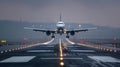 an airplane taking off from an airport runway at night, Royalty Free Stock Photo