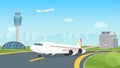 Airplane taking off from airport runway, passenger aircraft takeoff, landscape airfield Royalty Free Stock Photo