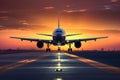 Airplane taking off from the airport runway at sunset. 3d rendering, A large jetliner landing on an airport runway at sunset or Royalty Free Stock Photo