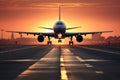 Airplane taking off from the airport runway at sunset. 3d rendering, A large jetliner landing on an airport runway at sunset or Royalty Free Stock Photo