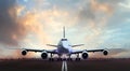 Airplane taking off from airport runways during sunset