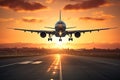 Airplane taking off at the airport at sunset. 3d rendering, A large jetliner taking landing an airport runway at sunset or dawn Royalty Free Stock Photo