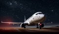 Airplane taking off, flying through the dark night sky generated by AI Royalty Free Stock Photo