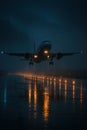 Airplane Taking Off in Rainy Night Royalty Free Stock Photo