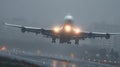 Airplane Taking Off in Rainy Weather with Lights On Royalty Free Stock Photo