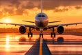 Airplane taking off in the rays of the setting sun. Runway shot of plane taking off at sunset. Generative AI Royalty Free Stock Photo