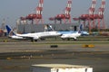 Airplane taking off from a runway. Royalty Free Stock Photo