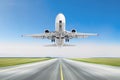 Airplane taking off from the runway airport sky blue. Royalty Free Stock Photo