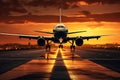 Airplane taking off from the runway at sunset. 3D rendering, A large jetliner taking landing an airport runway at sunset or dawn