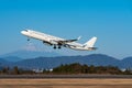 Airplane taking off scene with Mount Fuji
