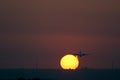 Airplane taking off at Seville airport at sunset with yellow sun and red sky Royalty Free Stock Photo