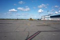 Airplane, tarmac, parking apron and terminal building of Yellowknife airport, Canada Royalty Free Stock Photo