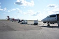 Airplane, tarmac, parking apron and terminal building of Yellowknife airport, Canada Royalty Free Stock Photo