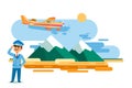 Airplane taxi in flight over high mountains, vector illustration. Man character in pilot form stand on ground, suit and