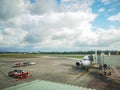 Airplane at the terminal gate ready for takeoff , Hat Yai Airport in Thailand , AirAsia