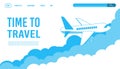 Airplane ticket template or landing page design, banner with flying airliner in sky