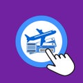 Airplane with tickets icon. Buying air tickets concept. Hand Mouse Cursor Clicks the Button