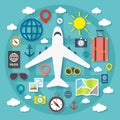 Airplane, Time to travel stickers, Vacations time, Journey in holidays, Vector Illustration Flat Style. Royalty Free Stock Photo