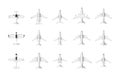Airplane top view. Cartoon civil aviation small and large passenger and cargo aircraft models, plane vehicle toy view