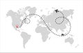 Airplane track to point with dashed line way and world map on white background. Vector