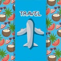 Airplane transport coconut palms banner tourist vacation travel Royalty Free Stock Photo