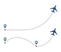 Airplane travel concept with map pins, GPS points. Line path icon. Flight start point icon Royalty Free Stock Photo