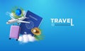 Airplane travel. 3D passport. World tourism. Summer vacation. Plane trip. Airport luggage. Tour visa. Render hat and