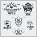 Airplane travel labels, emblems, badges and design elements. Vintage style. Royalty Free Stock Photo