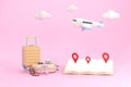 Airplane travel tourism plane trip planning world tour luggage with pin location suitcase and map