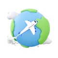 Airplane Travel with world globe icon on white background. 3d render globe and plane travel icon. 3d rendering airolane Royalty Free Stock Photo