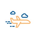 Airplane traveling in the sky with clouds. Vector thin line icon illustration for holidays and vacations,