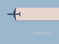 Airplane traveling vector concept with plane flying across frame. Symbol of summer holiday, transportation, vacation Royalty Free Stock Photo